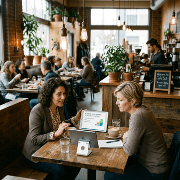 Two women at a café table looking at a tablet showing a network marketing income chart